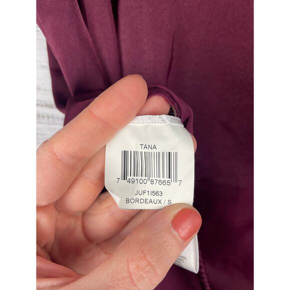 Bordeaux Tana Short Sleeve Top Satin Red Wine Small Boxy Career Office Tie Waist - Picture 4 of 7